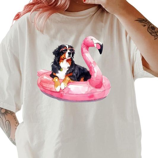 Bernese Flamingo Float Dog Shirt ~ Unisex Apparel Relaxed Fit Printed In The USA Clothing Womenswear Casual Comfort Cotton Top Athletic Boho Chic