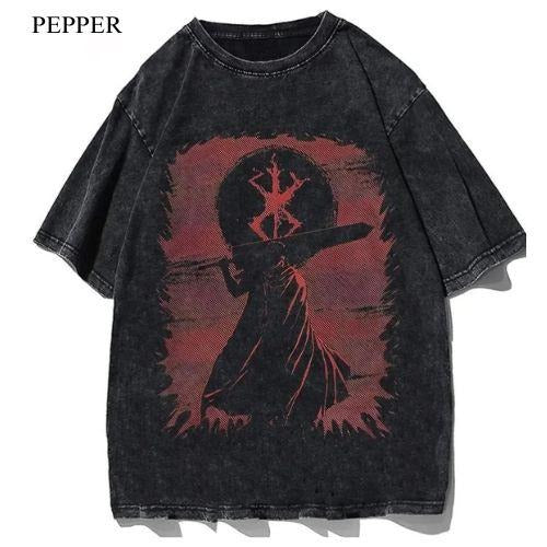 Berserk Anime Batik Acid Washed  T-Shirt For Unisex Menswear Top