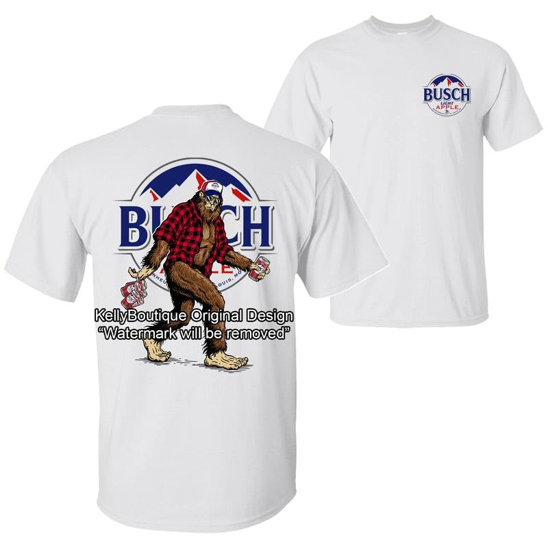 Bigfoot Busch Light Apple T-shirt, Sasquatch Holding Busch Light Apple Beer Cans, Gift for Dad, Father's Day Gift 2 Sided Design Unisex Cotton T-shirt for Men for Women Menswear Womenswear Top