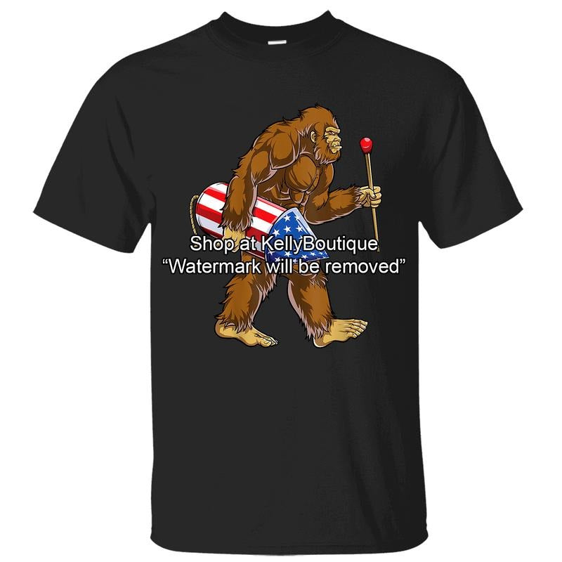 Bigfoot Fireworks 4th of July Sasquatch American Flag US T-Shirt, Independence Day Patriotic Front Sided Design Unisex Cotton T-shirt for Men for Women