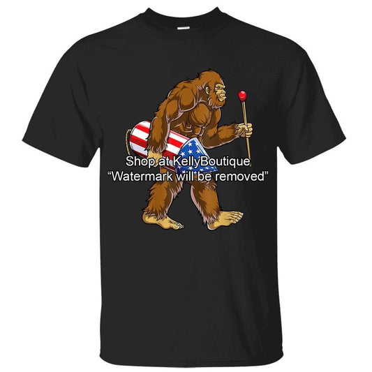Bigfoot Fireworks 4th of July Sasquatch American Flag US T-Shirt, Independence Day Patriotic Front Sided Design Unisex Cotton T-shirt for Men for Women