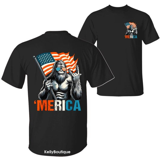 Bigfoot Merica Rock American Flag Patriotic 4th Of July T-Shirt, Sasquatch Lovers Independence Day 2 Sided Design Unisex Cotton T-shirt for Men for Women Menswear Womenswear Top