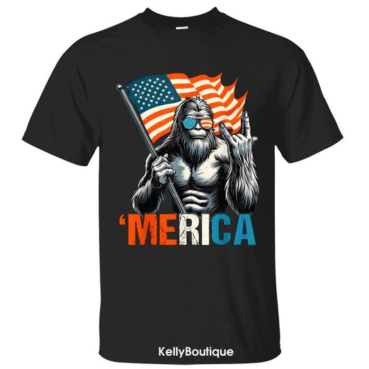 Bigfoot Merica Rock American Flag Patriotic 4th Of July T-Shirt, Sasquatch Lovers Independence Day Front Design Unisex Cotton T-shirt for Men for Women Menswear Womenswear Top