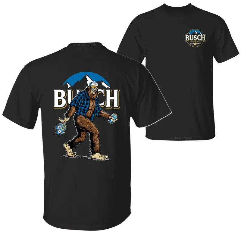 Bigfoot Regular Bush Beer T-Shirt, Sasquatch Holding Regular Bush Beer Cans 2 Sided Graphic Printed Unisex Classic Comfort Cotton T-Shirt