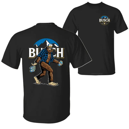 Bigfoot Regular Bush Beer T-Shirt, Sasquatch Holding Regular Bush Beer Cans 2 Sided Graphic Printed Unisex Classic Comfort Cotton T-Shirt