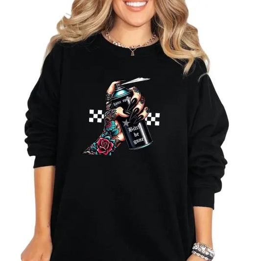 'Bitch Be Gone - Hater Spray' Crewneck Sweatshirt, T Shirt, or Hoodie | Grunge Aesthetic Pullover | Casual, Comfort, Skulls, Retro, Streetwear