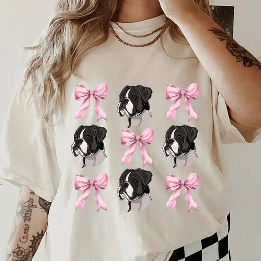 Black And White Boxer and bows Shirt ~ Unisex Apparel Relaxed Fit Printed In The USA Clothing Womenswear Casual Comfort Cotton Top Athletic Boho Chic