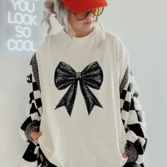 Black Bow T-Shirt, Comfort Colors, Christmas Coquette Shirt, Women's Holiday Tee, Casual Comfy Graphic