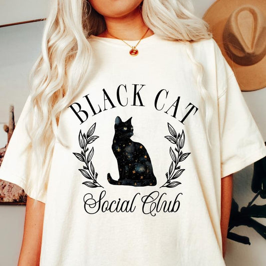 Black Cat Social Club Shirt, Spooky Season Shirt, Cat Halloween Tee, Halloween Graphic shirt, Comfort Colors Shirt, Ghost Halloween Shirt, Casual Shirt Unisex, Halloween Clothing, Graphic Halloween Apparel, Casual Cotton T-shirt, Unisex Halloween