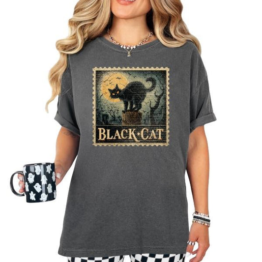 Black Cat Stamp Traditional Halloween Comfort Color Pepper TShirt | Punk, Alt, Grunge, Goth, Skeleton Style |  Graphic Casual Cotton Cute