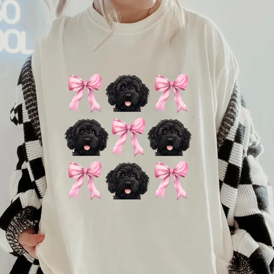 Black Golden Doodle with bows Shirt~ Unisex Apparel Relaxed Fit Printed In The USA Clothing Womenswear Casual Comfort Cotton Top Athletic Boho Chic