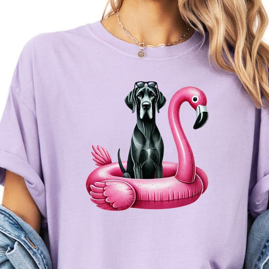 Black Great Dane Flamingo Float Dog Shirt ~ Unisex Apparel Relaxed Fit Printed In The USA Clothing Womenswear Casual Comfort Cotton Top Athletic Boho Chic