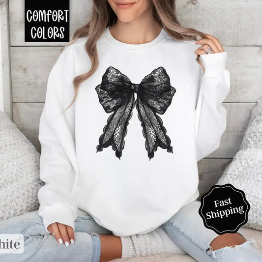 Black Lace Bow Sweatshirt Comfort Colors, Coquette Ribbon Crewneck,  Trendy Women's Sweater