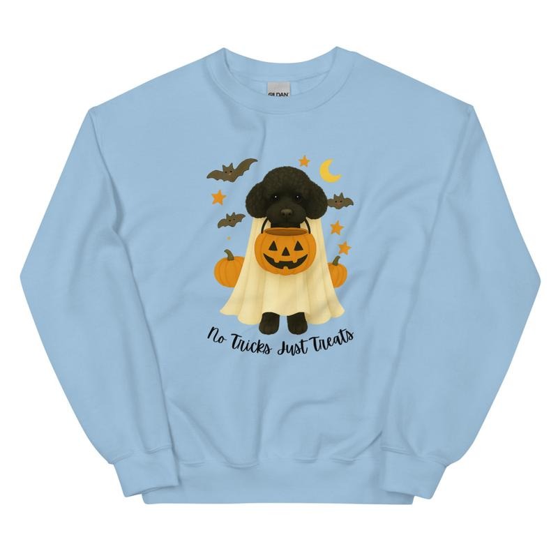 Black Poodle No Tricks Just Treats Crewneck - Unisex Apparel Relaxed Fit Printed In The USA Clothing Womenswear Casual Comfort Cotton Top Athletic Boho Chic