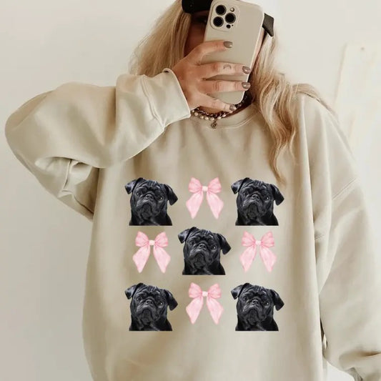 Black Pug with bows Sweatshirt ~ Sweatshirt Unisex Apparel Relaxed Fit Printed in the USA Clothing Womenswear Casual and Comfortable