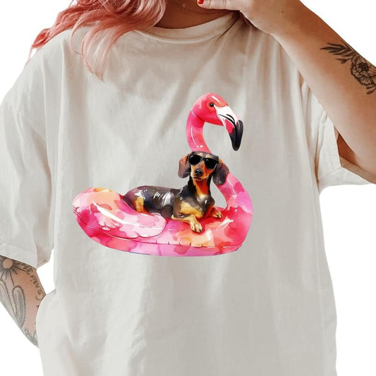 Black and Tan Dachshund Flamingo Float Dog Shirt ~ Unisex Apparel Relaxed Fit Printed In The USA Clothing Womenswear Casual Comfort Cotton Top Athletic Boho Chic