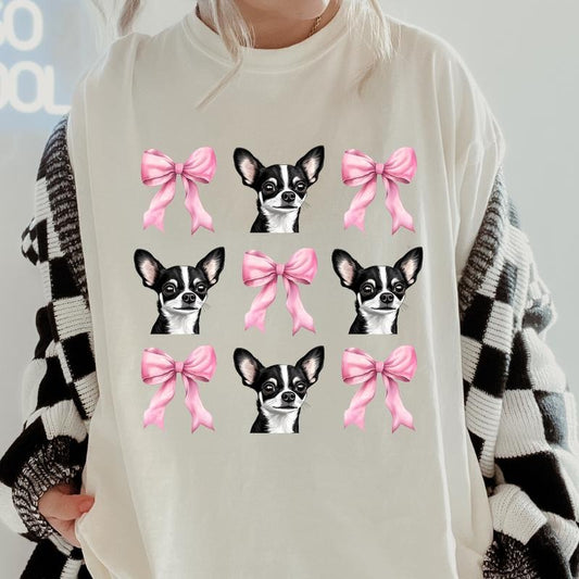 Black and White chihuahua with bows Shirt~ Unisex Apparel Relaxed Fit Printed In The USA Clothing Womenswear Casual Comfort Cotton Top Athletic Boho Chic