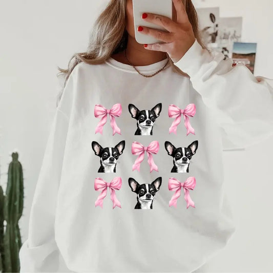 Black and White chihuahua with bows Sweatshirt ~ Sweatshirt Unisex Apparel Relaxed Fit Printed in the USA Clothing Womenswear Casual and Comfortable