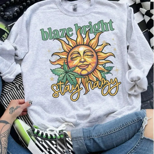 Blaze Bright Stay Happy - Ash Grey - Sublimation-  - Unisex Jersey Sweatshirt