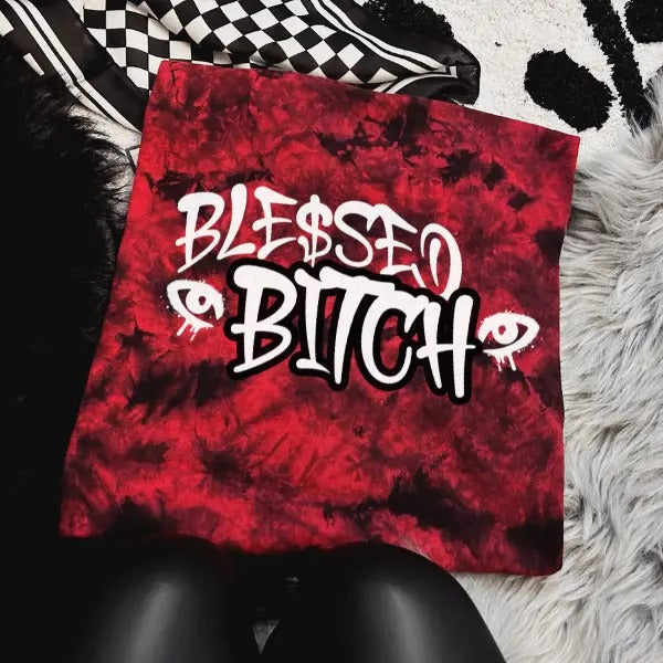 'Blessed Bitch' Red & Black Tie Dye Crewneck Sweatshirt, T Shirt, or Hoodie Pullover | Punk Rocker, Alt, Grunge, Goth, Streetwear Style