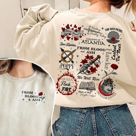 Blood And Ash Fan Sweatshirt, Poppy Queen of Atlantia Hoodie, We Will Rise Shirt, Jla Inspired Merch, Gift for Book Lover Womenswear Soft Crewneck Pullover Long Sleeves Graphic Fabric Sweater