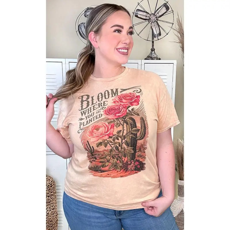 Bloom Where You Were Planted Christian Mineral Washed Graphic T-Shirt