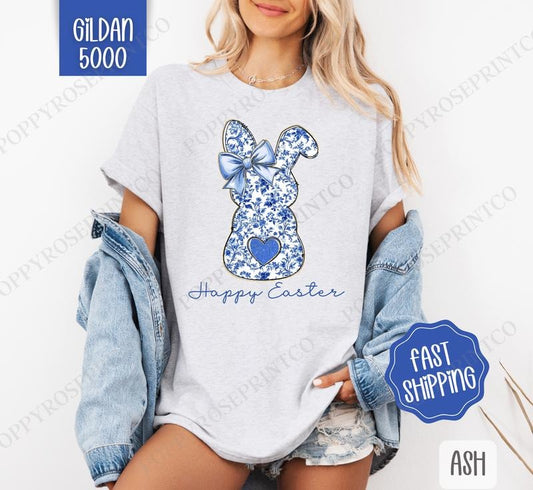Blue Chinoiserie Bunny Shirt Gildan, Cute EasterTee, Trendy Bunny Women's Tshirt Plus Sizes, Gift for Her