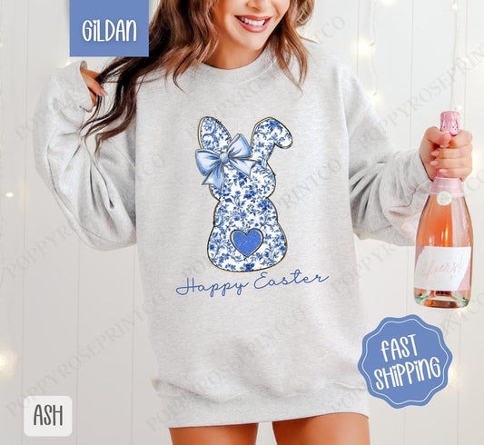 Blue Chinoiserie Bunny Sweatshirt, Easter Crewneck, Trendy Bunny Women's Sweater, Gift for Her