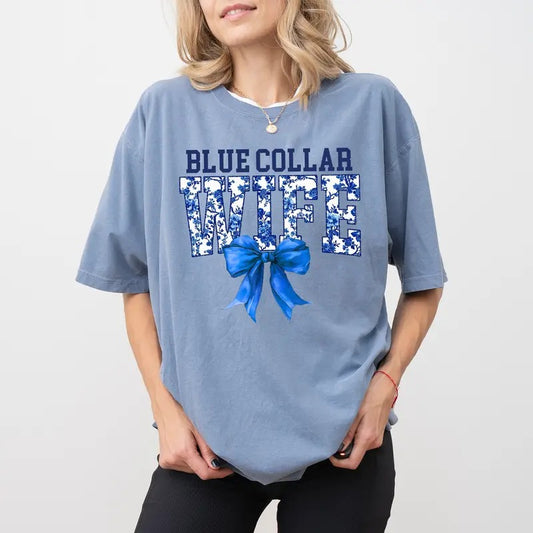 Blue Collar Wife Comfort Colors Shirt, Coquette Toile Blue Collar Wife T-shirt, Wifey Graphic Tee, Spoiled Blue Collar Wife Outfits, Gift For Her