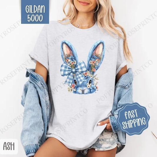 Blue Floral Bunny Shirt Gildan, Cute Easter Tee, Trendy Bunny Women's Tshirt Plus Sizes, Gift for Her