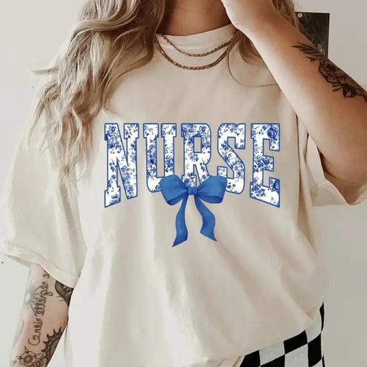 Blue Floral Nurse Shirt ~ Unisex Apparel Relaxed Fit Printed In The USA Clothing Womenswear Casual Comfort Cotton Top Athletic Boho Chic