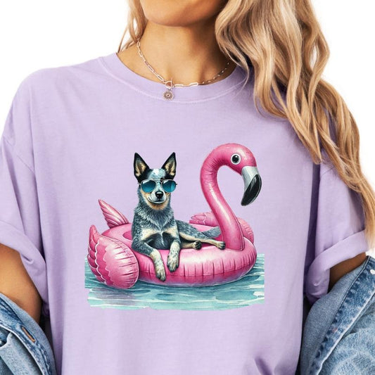 Blue Heeler Flamingo Float Dog Shirt ~ Unisex Apparel Relaxed Fit Printed In The USA Clothing Womenswear Casual Comfort Cotton Top Athletic Boho Chic