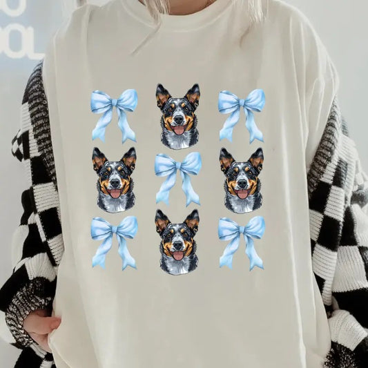 Blue Heeler with bows Shirt ~ Unisex Apparel Relaxed Fit Printed In The USA Clothing Womenswear Casual Comfort Cotton Top Athletic Boho Chicbrown chihuahua