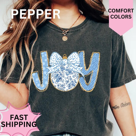 Blue Joy Ornament Shirt, Comfort Colors, Christmas Coquette Shirt, Women's Holiday Tee, Casual Comfy Graphic