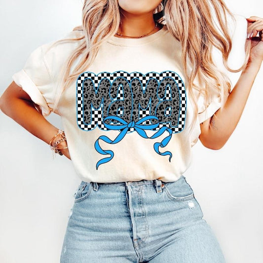 Blue Mama Coquette Bow, Mama Checkered, Mama Varsity, Pink Mama Tshirtstyle{n002}2