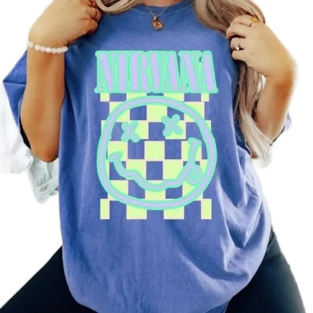 Blue Nirvana Smiley graphic tee on Oversized Womenswear Top Comfortable,  shirt hot trend 2025