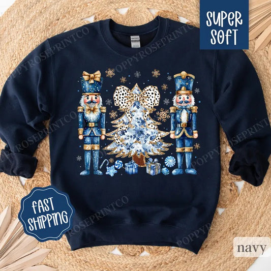 Blue Nutcracker Christmas Sweatshirt, Christmas Sweater, Women's Holiday Crewneck