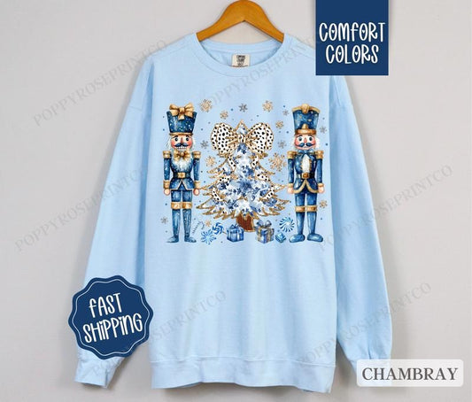 Blue Nutcracker Comfort Colors Sweatshirt, Christmas Sweater Womenswear, Holiday Crewneck