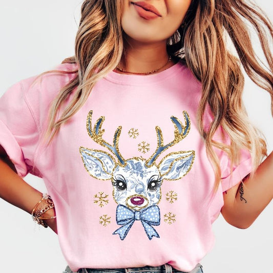 Blue Reindeer Shirt~ Unisex Apparel Relaxed Fit Printed In The USA Clothing Womenswear Casual Comfort Cotton Top Athletic Boho Chic