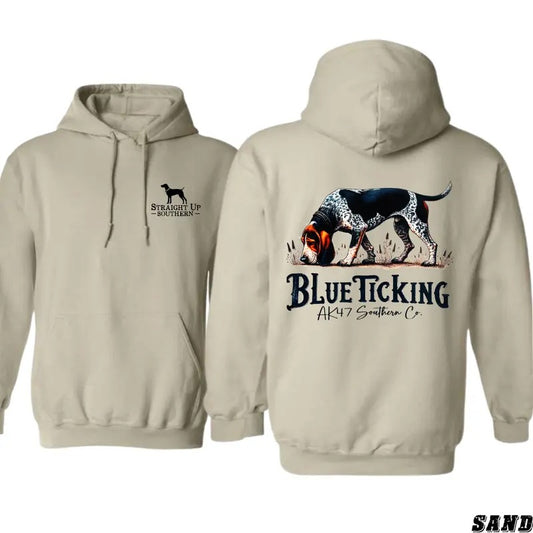 Blue Ticking Hoodie - Classic Southern Hound Dog Design, Ideal for Outdoor Adventures and Casual Comfort, Unisex Hoodie in Sand Color Menswear Sweaters