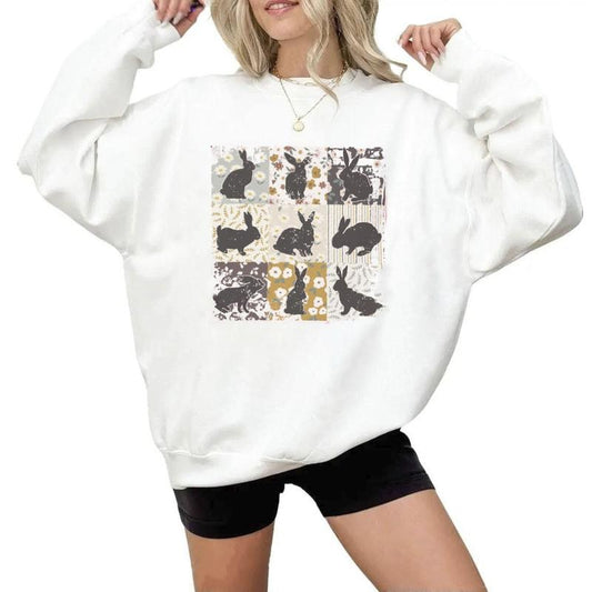 Boho Bunny Rabbit Sweathirt, Matching Easter Shirts, Retro Floral Farmhouse Rabbit Tee, Rabbit Lover Gift for Her Cotton Womenswear
