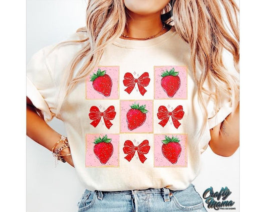 Boho Coquette Strawberry Preppy Summer Pink Bow Retro Trendy Summer T-Shirtstyle{n002}2