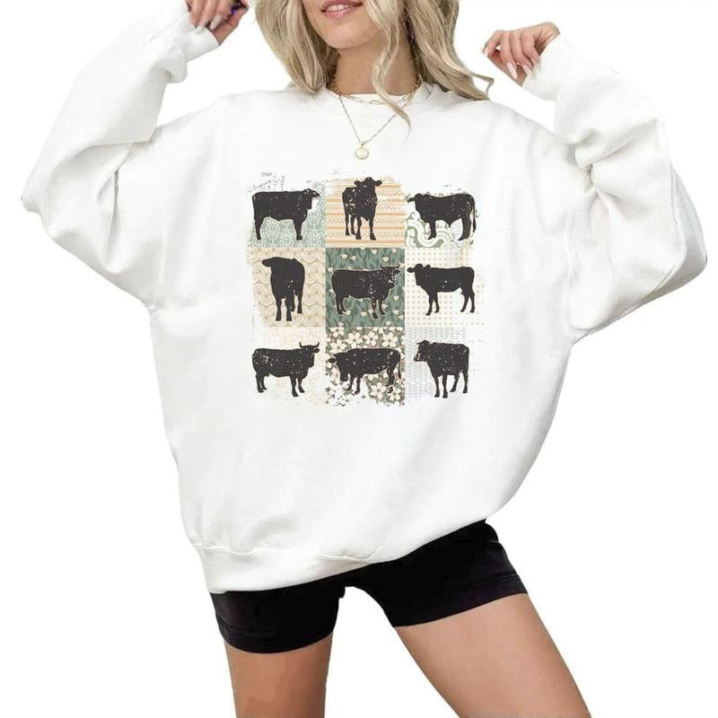 Boho Cow Sweatshirt, Retro Farmhouse Floral Cow Tee Shirt, Clothing, Cow Lover Gift for Her Him Unisex Cotton Womenswear