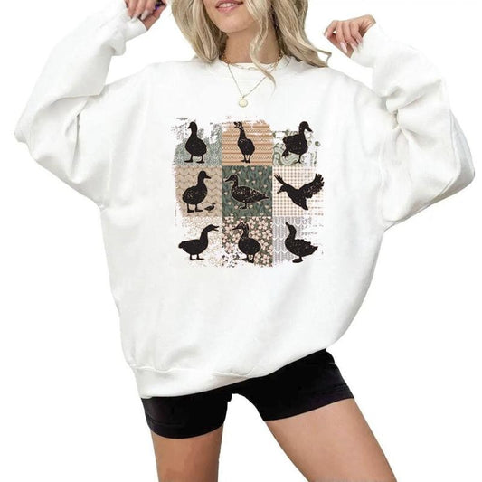 Boho Duck Sweatshirt or Hoodie T-shirt , Retro Backyard Pet Ducks Floral Farmhouse Crewneck Sweater, Duck Lover Gifts Unisex Cotton Womenswear