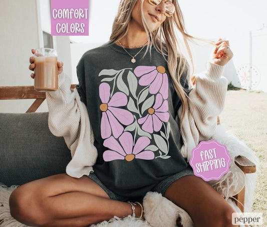 Boho Floral 2 Shirt Comfort Colors, Wildflower Tshirt, Boho Tee, Oversized Women's Shirt, Floral Abstract Tee