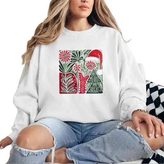 Boho Floral Christmas Shirt, Merry and Bright Shirt, Christmas Tree Tshirt, Xmas Party Shirt, Holiday Women Sweatshirt, Christmas Gift