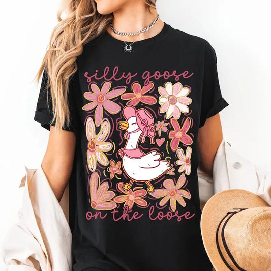 Boho Floral Goose T-shirt, Mama Goose Shirt, Spring Floral, Girly, Coquette Bow, Duck, Goose Lover Graphic T-shirt, Women's T-shirts Cotton