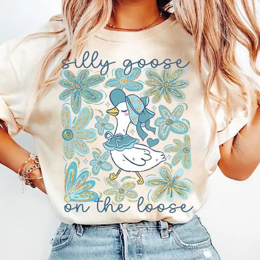 Boho Floral Goose Tshirt, Mama Goose Shirt, Spring Floral Tee, Silly Goose on the loose Girly Shirt, Coquette Bow, Trendy T-Shirt
