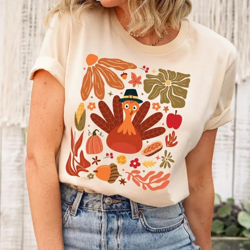 Boho Floral Turkey Shirt, Pumpkin Season, Thanksgiving Shirt, Hello Fall, Autumn Sweater, Fall Vibes, Fall Shirt, Thanksgiving Gift Cotton Womenswear