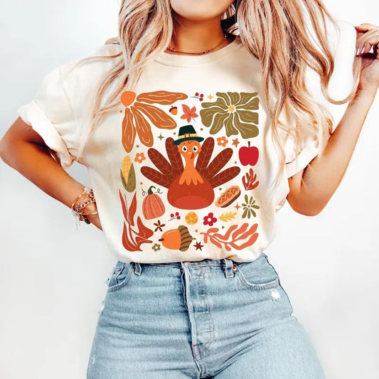 Boho Floral Turkey Shirt, Thanksgiving Gobble T-Shirt, Fall Turkey Pumpkin Sweatshirt, Autumn Holiday Clothing, Unisex